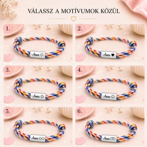 Személyre szabható madzag karkötő névvel és motívummal