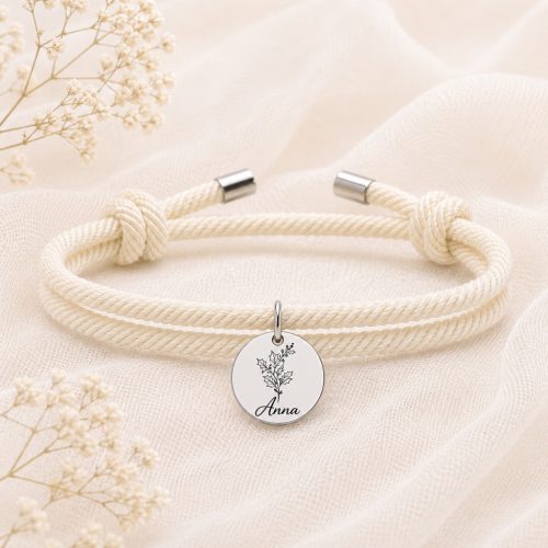 Születési virág karkötő saját névvel egyedileg gravírozott