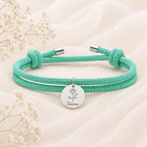 Születési virág karkötő saját névvel egyedileg gravírozott