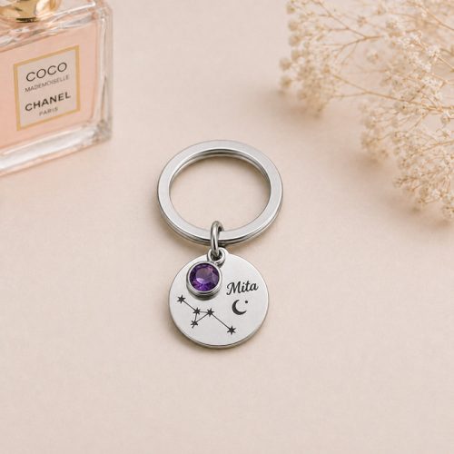 Zodiac csillagjegy kulcstartó születési kővel és egyedi név gravírozással 2 cm medál