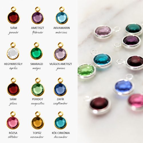 Zodiac csillagjegy kulcstartó születési kővel és egyedi név gravírozással 2 cm medál