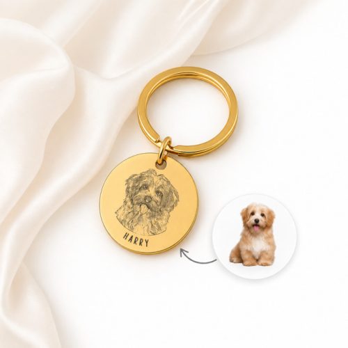 Egyedi gravírozott fotós kisállat kulcstartó, saját névvel - 3 cm medál